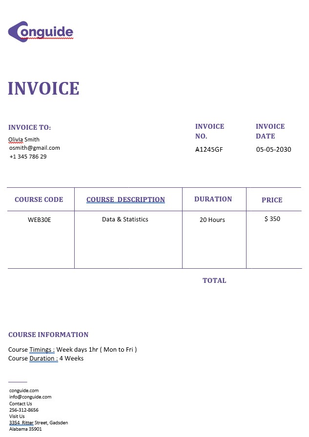 Online Courses Invoice Template PSD template